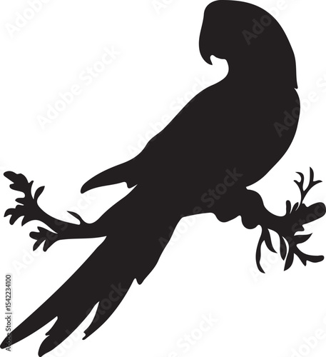 A silhouette of a parrot perched on a branch with detailed leaves against a plain white background image view