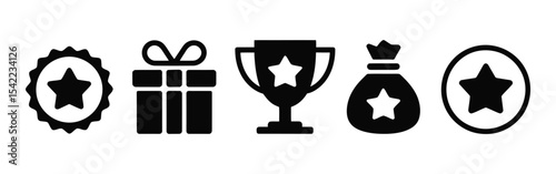 Reward and Bonus Icons Set - Achievement, Gift, Trophy, Star Symbols

