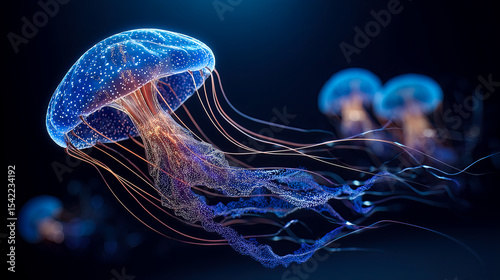 Close up led screen showing a large blue glowing jellyfish against black background.