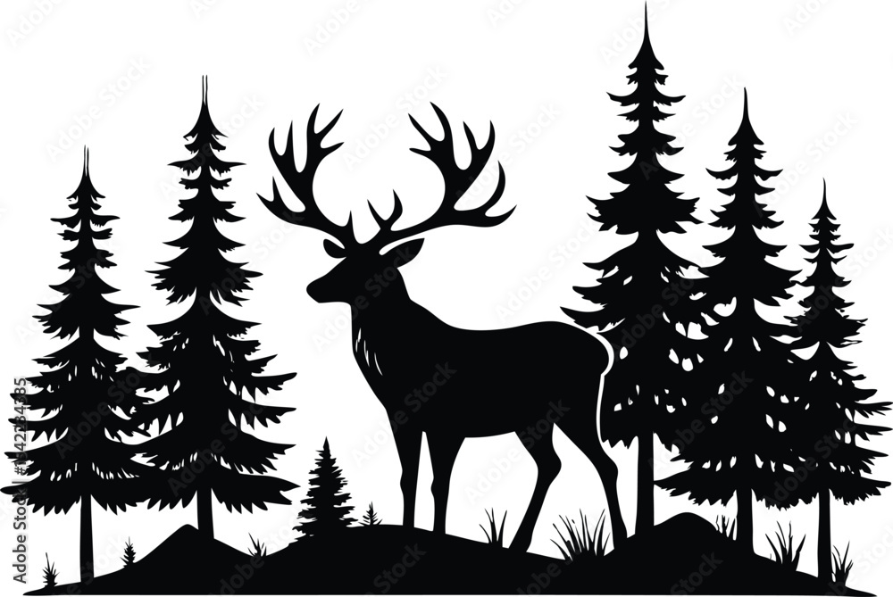 Obraz premium deer with pine trees and forest scenery black silhouette vector illustration