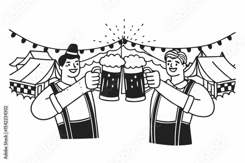 Two men in lederhosen toasting beer at oktoberfest