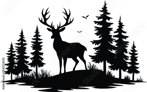deer with pine trees and forest scenery  black silhouette vector illustration