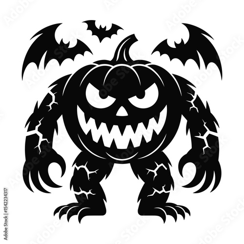 A terrifying pumpkin monster with claws, fangs, and glowing cracks in black silhouette vector for horror-themed halloween design