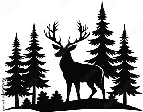 deer with pine trees and forest scenery  black silhouette vector illustration