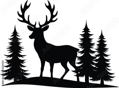 deer with pine trees and forest scenery  black silhouette vector illustration
