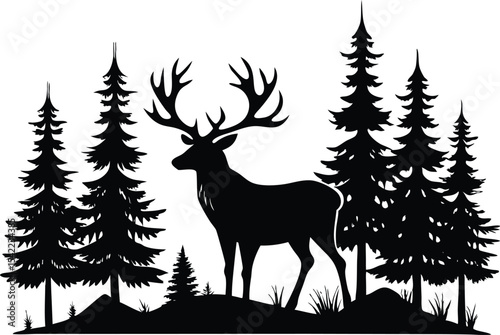 deer with pine trees and forest scenery  black silhouette vector illustration