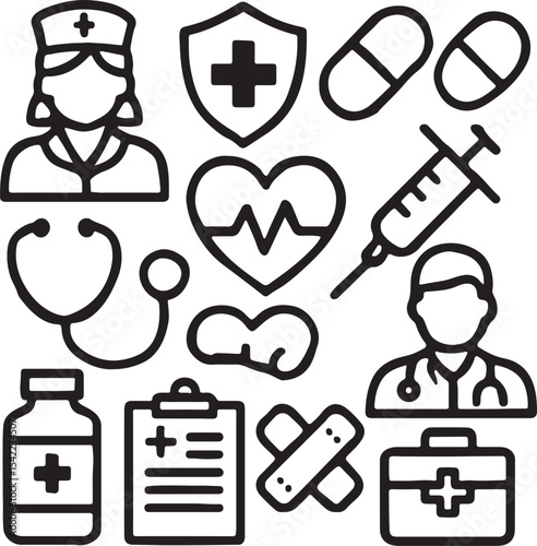 Healthcare and medical icon set. Containing nurse avatar, stethoscope, heart with medical cross, and medicine bottle symbols. Solid health and hospital silhouettes.