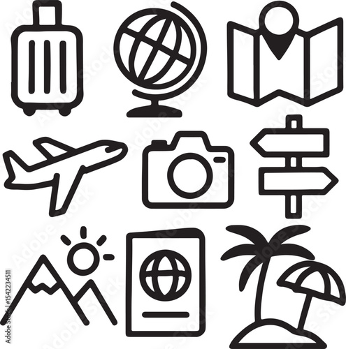 Travel and navigation icon set. Containing suitcase, airplane, globe, and location map symbols. Tourism, vacation, and global mobility silhouettes. Solid icon collection.