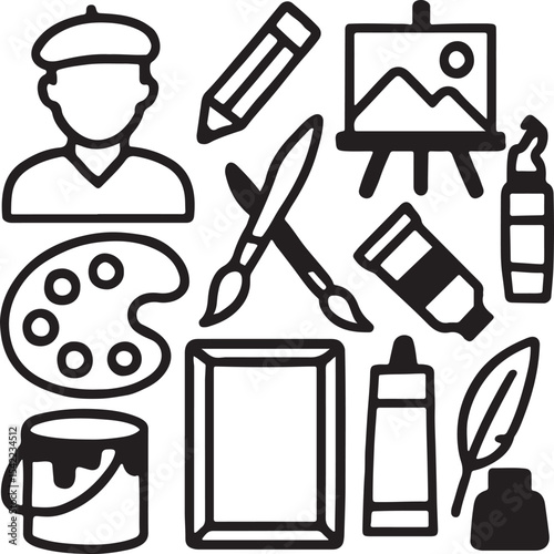 Art and painting icon set. Containing artist head silhouette, easel, paint palette with color blobs, and paintbrush symbols. Creative expression and fine arts silhouettes. Solid icon collection.