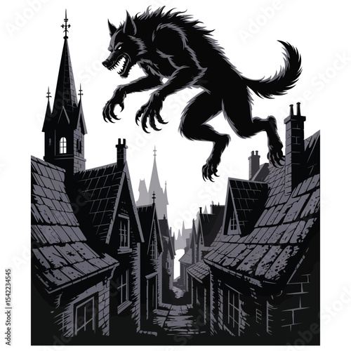 A werewolf leaping between rooftops in a gothic village in black silhouette vector