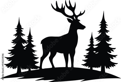 deer with pine trees and forest scenery  black silhouette vector illustration