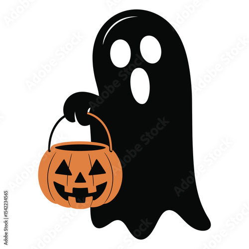 A transparent ghost silhouette holding a pumpkin bucket for trick or treat in black silhouette vector