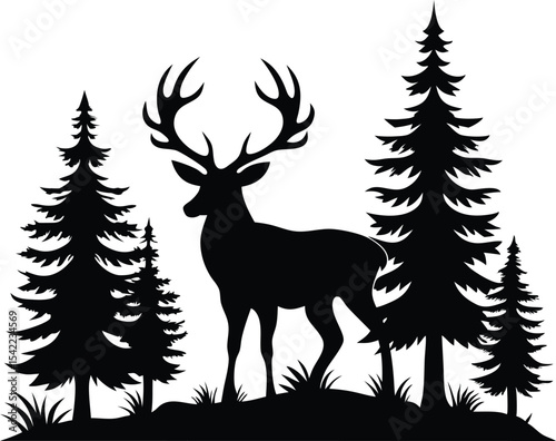 deer with pine trees and forest scenery  black silhouette vector illustration