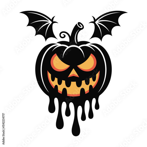 An evil floating pumpkin head with bat wings and dripping slime in clean black silhouette vector for spooky halloween design
