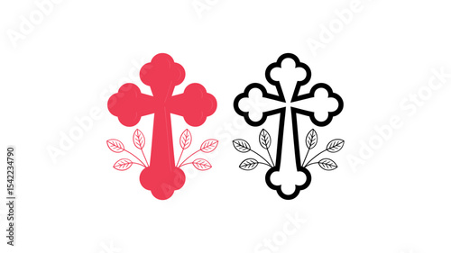 Ornate Christian Cross Outline and Filled Vector Icons Set