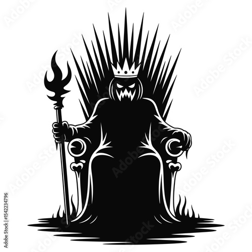 An angry pumpkin king wearing a crown and sitting on a bone throne in black silhouette vector for dark fantasy halloween design