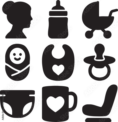 Parenting and baby care icon set. Containing parent holding child, baby bottle, heart with baby footprints, and bearded person symbol. Solid family and childcare silhouettes.