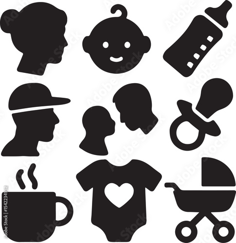 Parenting and baby care icon set. Containing parent holding child, baby bottle, heart with baby footprints, and bearded person symbol. Solid family and childcare silhouettes.