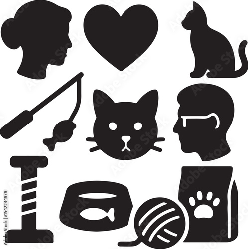 Cat care icon set. Containing cat owner, cat face, fish treat, and pet food bowl symbols. Pet care and feline-related icons. Solid silhouette collection.
