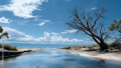 Tranquil river flowing into a beach landscape under a vast blue sky.