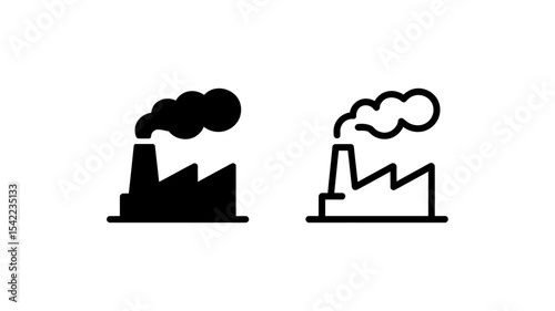 Factory Industrial Building Outline and Solid Vector Icons - Manufacturing Plant Symbol