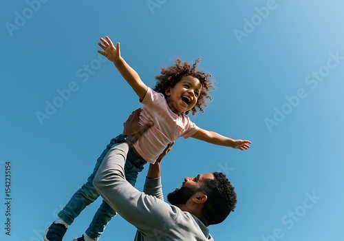 Joyful Black father lifting daughter outside, playful family bonding, happy child flying in air under blue sky, carefree childhood, positive parenting moment in nature
