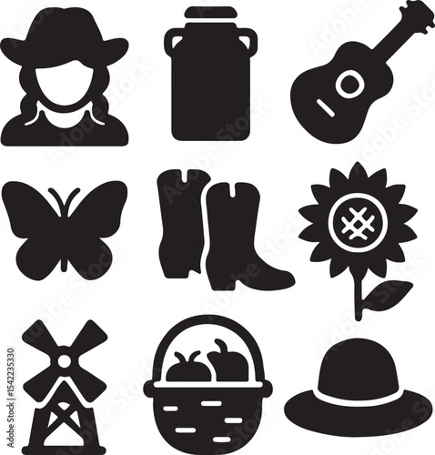 Farming and agriculture icon set. Containing cow, tractor, pitchfork, and corn symbols. Rural life and agricultural equipment silhouettes. Solid icon collection.
