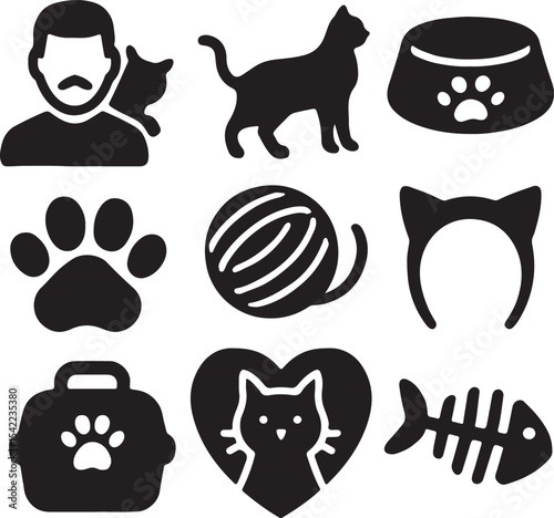 Cat care icon set. Containing cat owner, cat face, fish treat, and pet food bowl symbols. Pet care and feline-related icons. Solid silhouette collection.