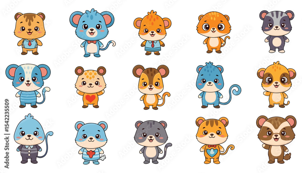 Obraz premium Cartoonish mice and bear characters in various colors and outfits standing upright.