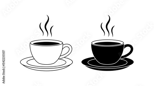 Steaming Coffee or Tea Cup Outline and Solid Vector Icons - Hot Drink Symbol