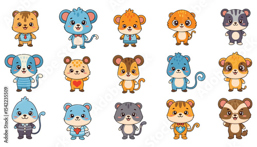 Cartoonish mice and bear characters in various colors and outfits standing upright.