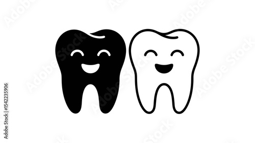 Happy Tooth Outline and Solid Vector Icons - Dental Care Smiling Symbol