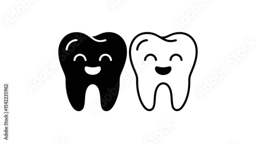 Happy Tooth Outline and Solid Vector Icons - Dental Care Smiling Symbol