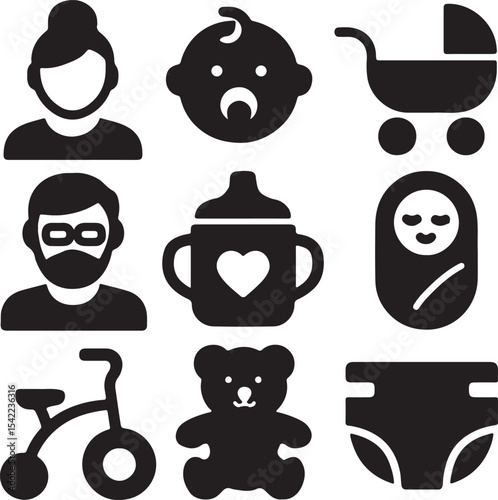 Parenting and baby care icon set. Containing parent holding child, baby bottle, heart with baby footprints, and bearded person symbol. Solid family and childcare silhouettes.