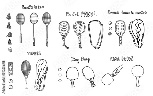 Set of sports equipment in doodle style. Tennis racket, padel, badminton racket, shuttlecock, table tennis, tennis ball, beach tennis racket. 