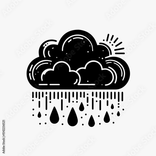 Stylized black and white illustration of a rain cloud, sun, and falling raindrops.