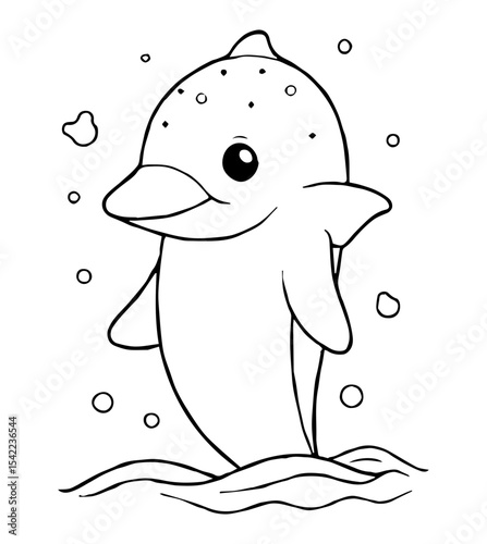 Line art of a cartoon dolphin amid bubbles and wavy lines