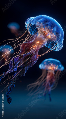 Close up led screen showing a large blue glowing jellyfish against black background.
