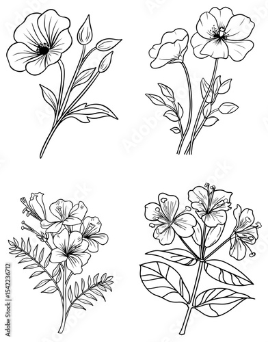 Line art of four unique floral bouquets Each has detailed petals leaves and stems