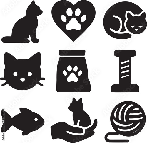 Cat care icon set. Containing cat owner, cat face, fish treat, and pet food bowl symbols. Pet care and feline-related icons. Solid silhouette collection.