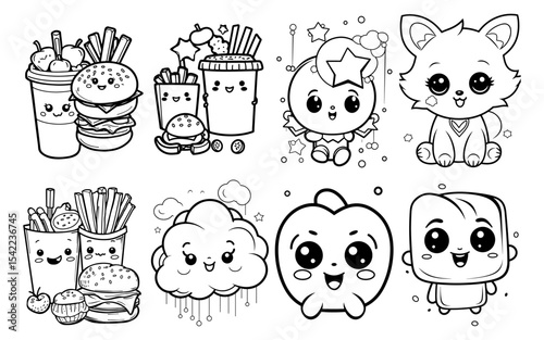 Line art showcases cute kawaii food cloud fox apple and square characters with big eyes and smiles