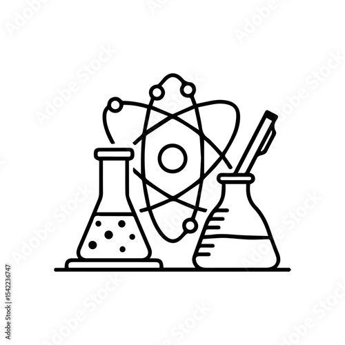 Line art shows 2 flasks 1 with liquid  pen inside 1 with dots and an atom symbol behind