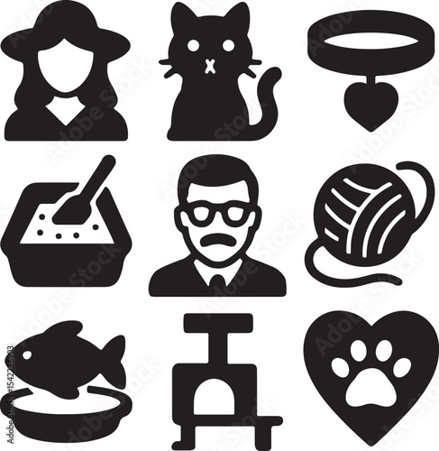 Cat care icon set. Containing cat owner, cat face, fish treat, and pet food bowl symbols. Pet care and feline-related icons. Solid silhouette collection.