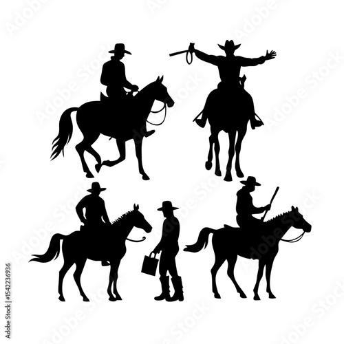 Silhouette Set of Cowboys and Horses – Wild West Riding Scene Vector Illustration

