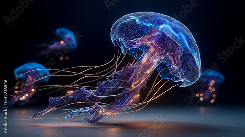 Close up led screen showing a large blue glowing jellyfish against black background.
