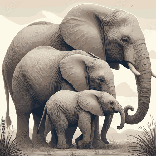 Majestic elephant family walking together in a serene savannah landscape