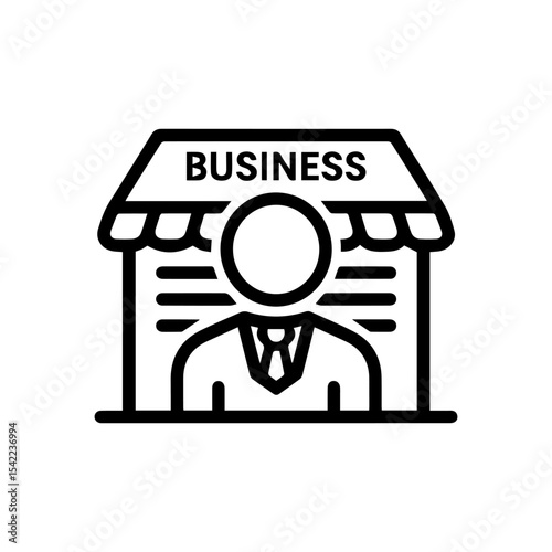 Line drawing store facade with BUSINESS sign headless figure in a suit behind counter