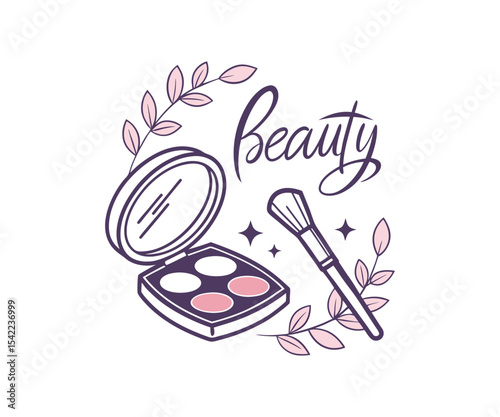 Modern Beauty Icon with Makeup Palette, Brush, and Botanical Elements on White Background for Cosmetic Branding and Design