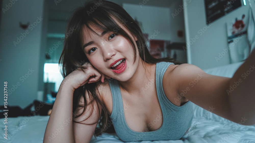 Fototapeta premium Asian woman taking selfie in bed