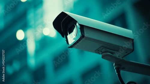 Security camera monitoring urban cityscape at dusk